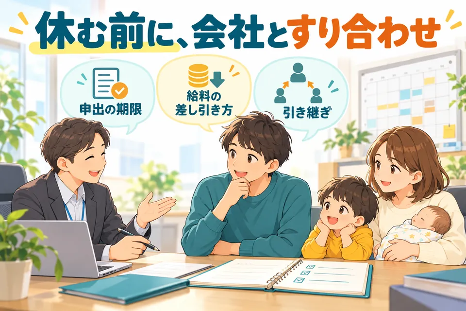 休む前に、申出の期限や給料の差し引き方を会社とすり合わせる絵