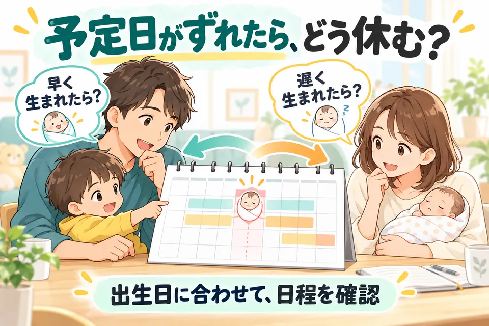 予定日より早く生まれたら、遅く生まれたら、と日程を確かめる夫婦の絵