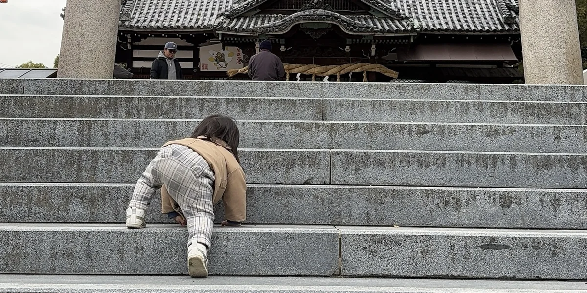 百舌鳥八幡宮(堺市北区)の石段をのぼる子ども