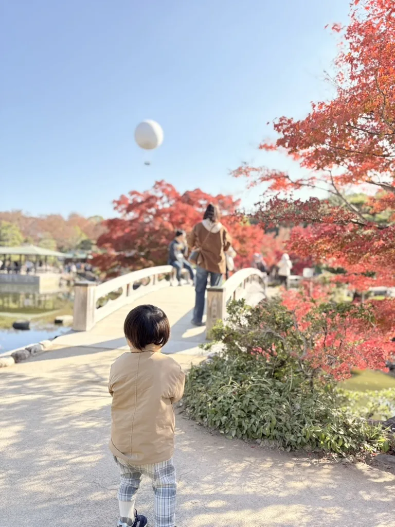 大仙公園の日本庭園。秋は紅葉、空には気球