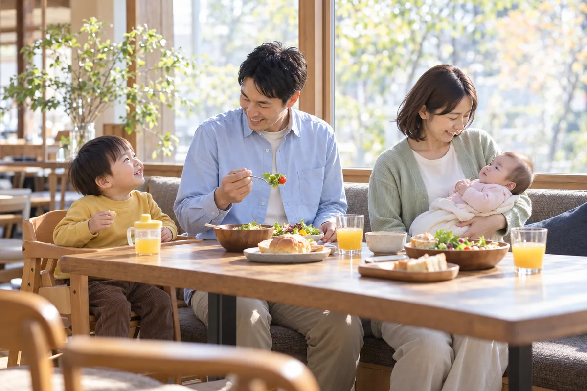 カフェのソファ席で、家族が食事をしている様子