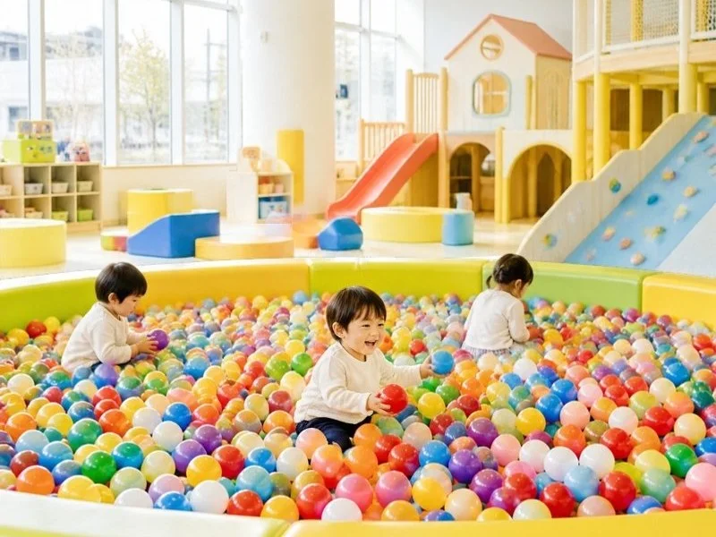 屋内の遊び場で壁のおもちゃに手を伸ばす子どもと母親の後ろ姿(ビッグバン・筆者撮影)