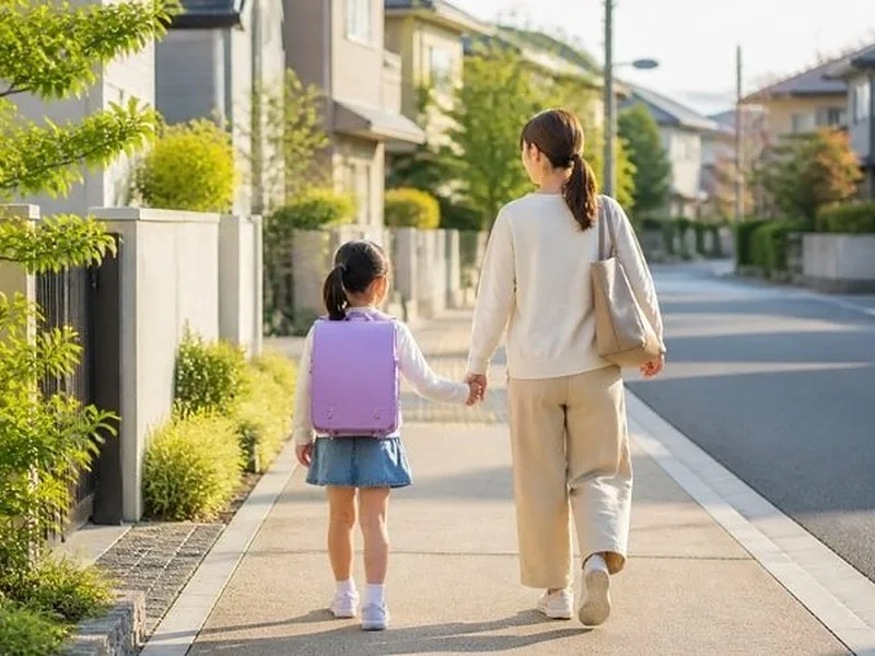 黄色い帽子とランドセルの小学生の後ろ姿