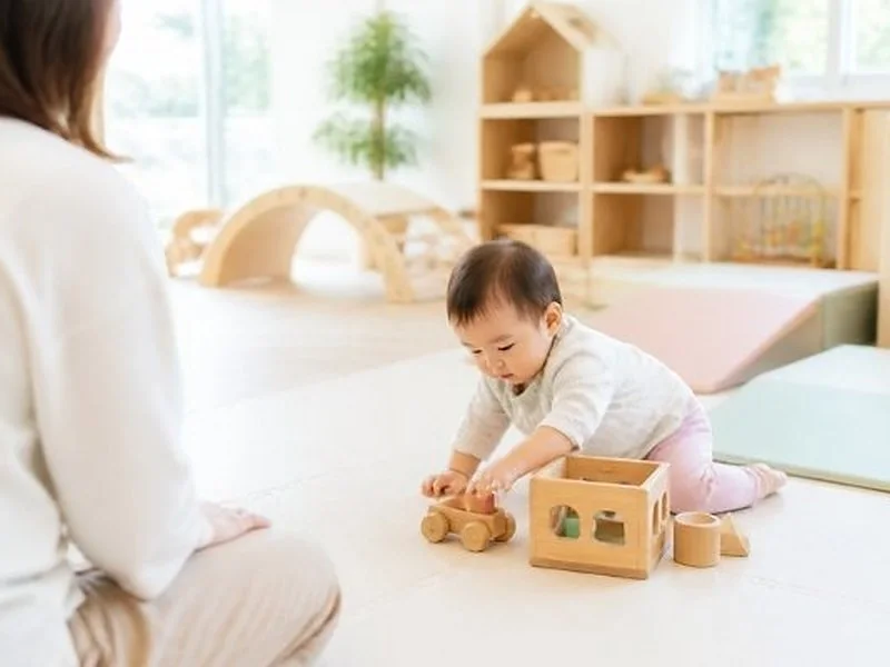 木のおもちゃのそばで遊ぶ幼い子どもの足元