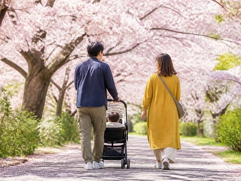 桜並木を走る親子の後ろ姿(狭山池・筆者撮影)