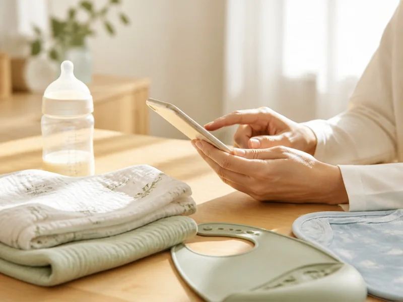 木のテーブルでスマートフォンを操作する手と、哺乳瓶・ガーゼ・スタイ(Canva で作ったイメージ)