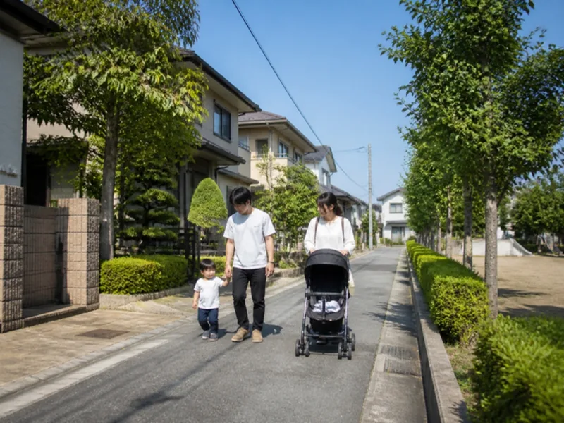 住宅地の歩道を、ベビーカーと小さな子どもと歩く家族（Canva で作ったイメージ）