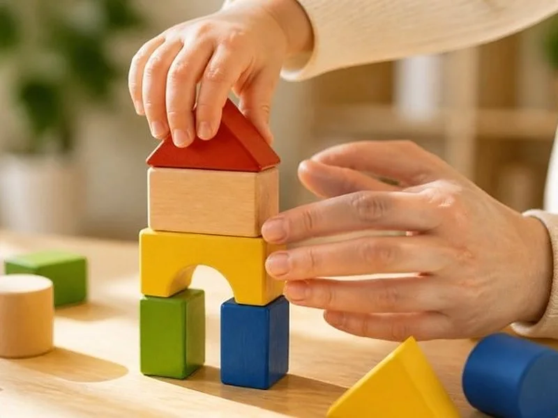 ビーズのおもちゃで遊ぶ子どもの手
