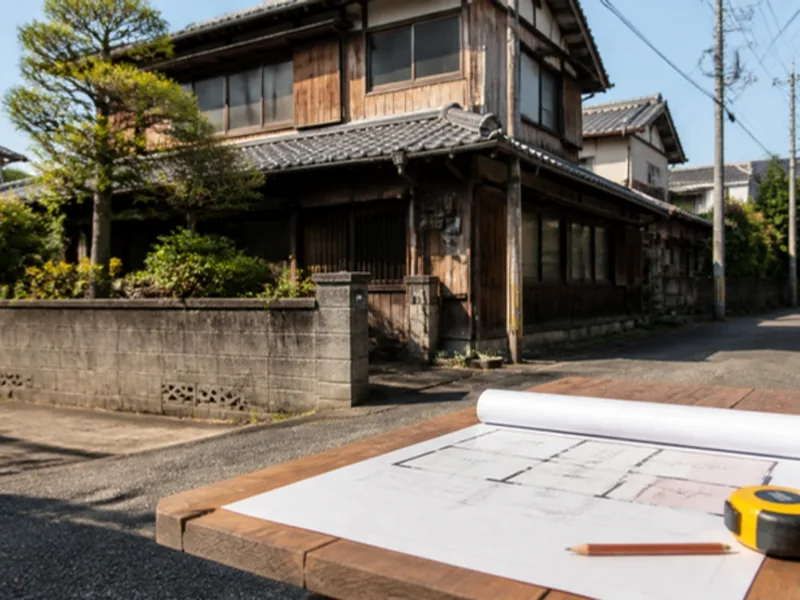 古い木造の戸建てと、手前の間取り図・メジャー・鉛筆(Canva で作ったイメージ)