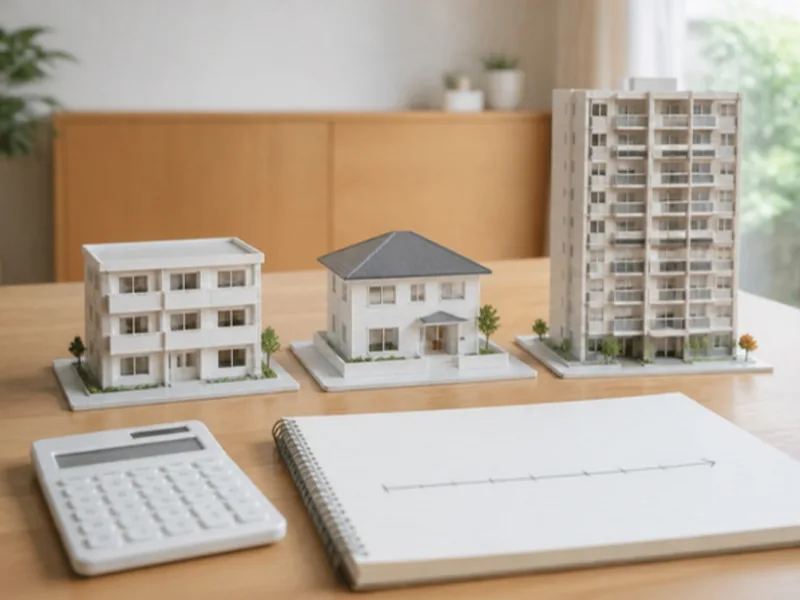 賃貸のアパート・戸建て・マンションの模型と、電卓とノート(Canva で作ったイメージ)