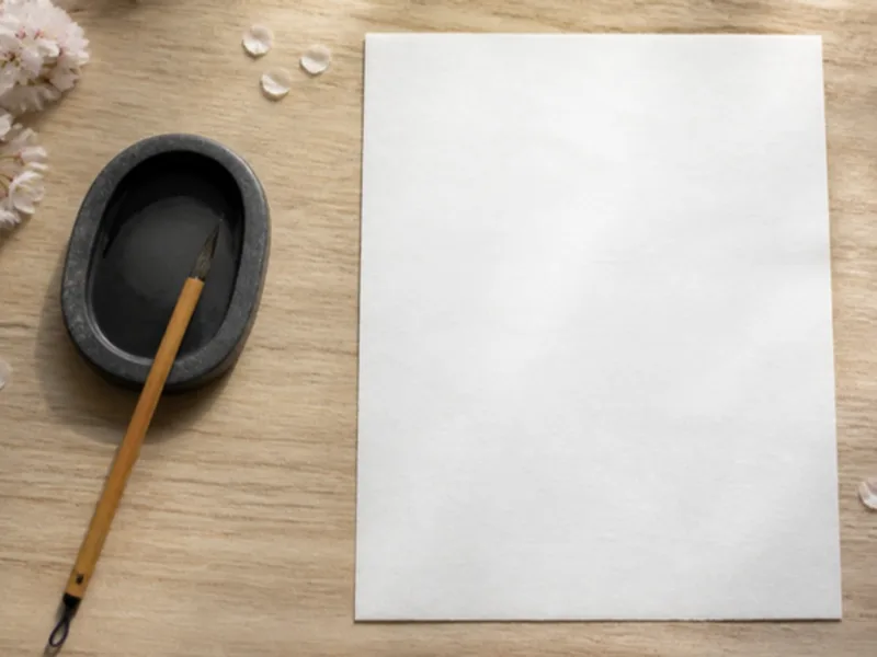 木の机に置いた筆と硯と、まだ何も書いていない白い和紙(Canva で作ったイメージ)